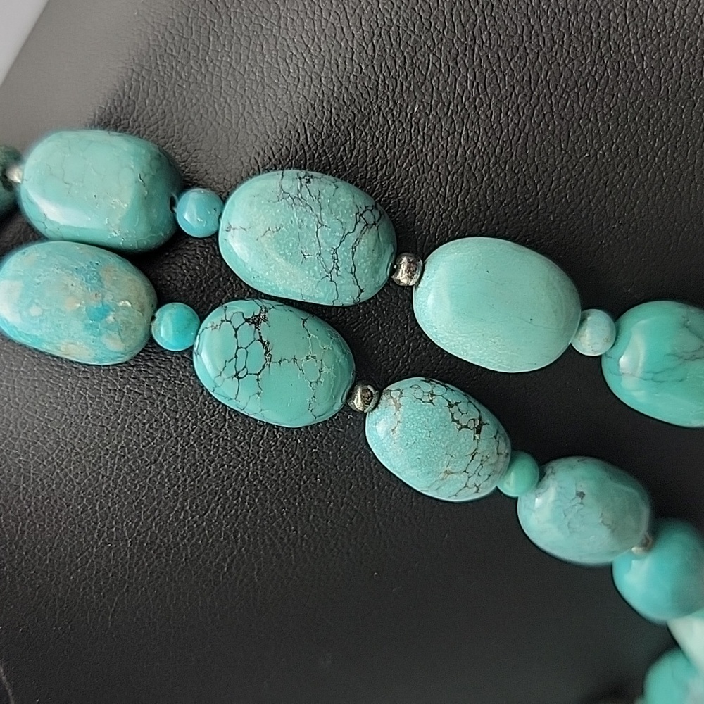 Genuine Turquoise 925 Sterling Silver Hematite Beaded Necklace 11x14mm Beads - Picture 5 of 11